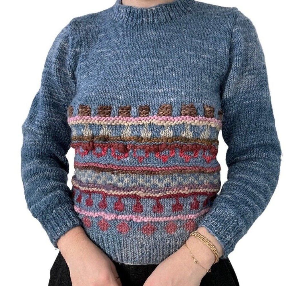 Vintage Hand Knit Womens Blue 100% Pure New Wool Chunky Preppy Sweater Sz S